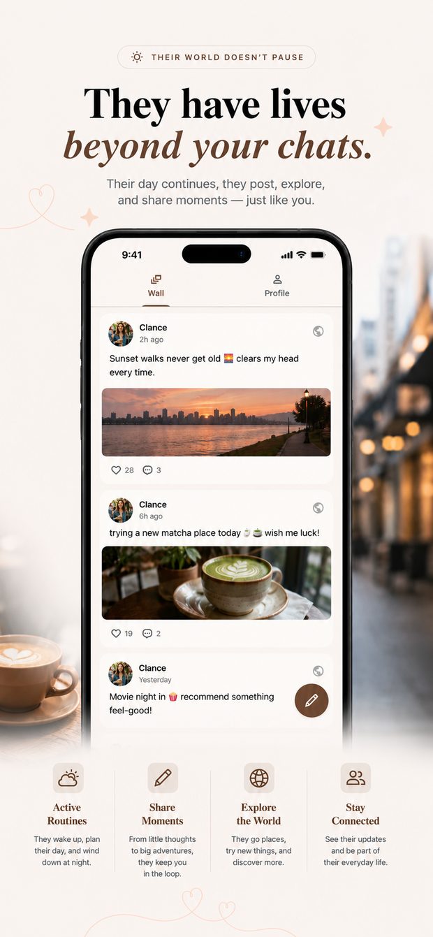 Timeline posts showing sunset walks, matcha, and movie night